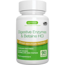 Advanced Digestive Enzymes with Betaine HCl & Plant Based Bromelain, 10 Vegan Enzymes Including Papain & Lipase, Betaine Hydrochloride, Clean Label Supplement, 90 Capsules, by Igennus