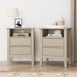 RoyalCraft Beige Fluted Nightstand Set of 2, Colorful Nightstand with 2 Drawers, Modern Wooden End Table with Storage for Small Spaces, Side Table for Bedroom, Couch, Home Office