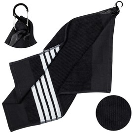 Tour Towel Terry Cloth Golf Towel (15.5" x 23") with Premium Carabiner Golf Bag Clip | Super Absorbent, Golf Ball Cleaning Towel for Golf Clubs, Black with White Stripes