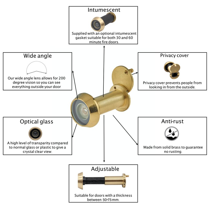 Door Viewer Polished Brass Peephole Wide Angle 50-75mm Thick Doors