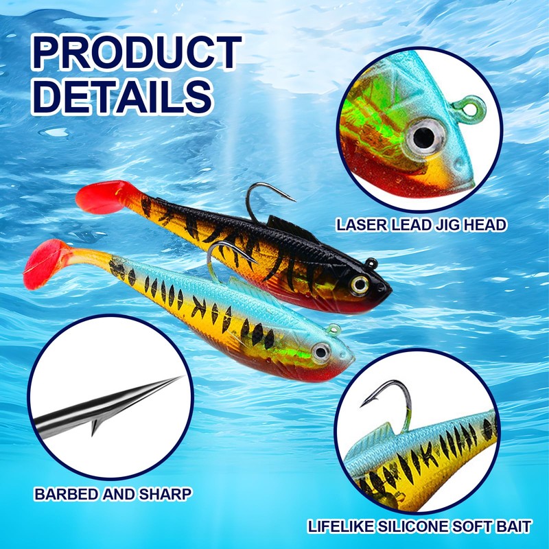 pclapora 5 Stück Gummifische Angelköder, Gummifische mit Jigkopf, Kunstköder Angelköder