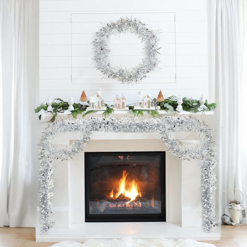 KINGLAKE Christmas Tinsel Garland, 10M x 9CM Silver Xmas Shiny