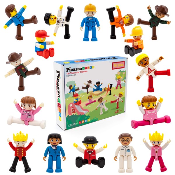 PicassoTiles 16 Piece Character Action Figures Toddler Toy Set Expansion Variety Pack Magnet Education Construction Blocks STEM Learning Kit Pretend Play Toys for Magnetic Building Block Tiles PTA08
