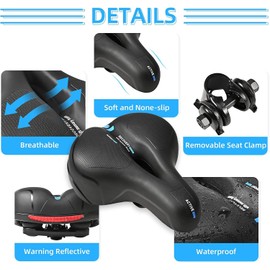 Trkimal Comfort Bicycle Saddle - Padded, Soft Bicycle Seat Cushion, Memory Foam, Waterproof, Wide Saddle with Reflective Strip, Adjustment Tools, Dual Shock Absorbing Rubber Balls