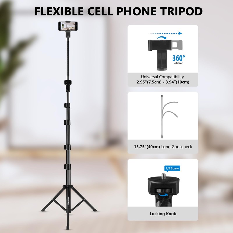 PIOENIMAGE 61" Phone Tripod Stand with 15.7" Flexible Gooseneck and
