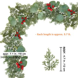 Winlyn 5.7 FT Artificial Pine and Eucalyptus Garland Christmas Cedar Greenery Garland with Red Berries Hanging Pine Garland for Farmhouse Home Holiday Winter Wedding Mantel Doorway Table Centerpiece