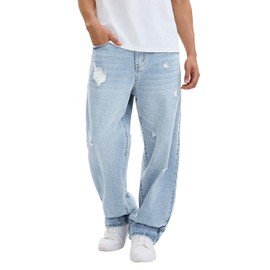 MZNBURAM Men's Y2K Hip Hop Ripped Baggy Jeans Loose Fit Wide Leg Denim Pants Casual Streetwear Trousers (34, C#Light Blue Ripped)
