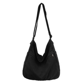 Economical Cotton Canvas Tote Bag,Women Hobo Shoulder Bag Crossbody Handbag with 3 External Pocket,Zipper Closure (E Tote Bag-Black)