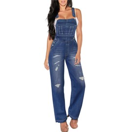 Hybrid & Company Womens Casual Destructed Adjustable Denim Jumpsuit Stretch Overalls Jeans Pants, Pvj156999-mediumwash, Large