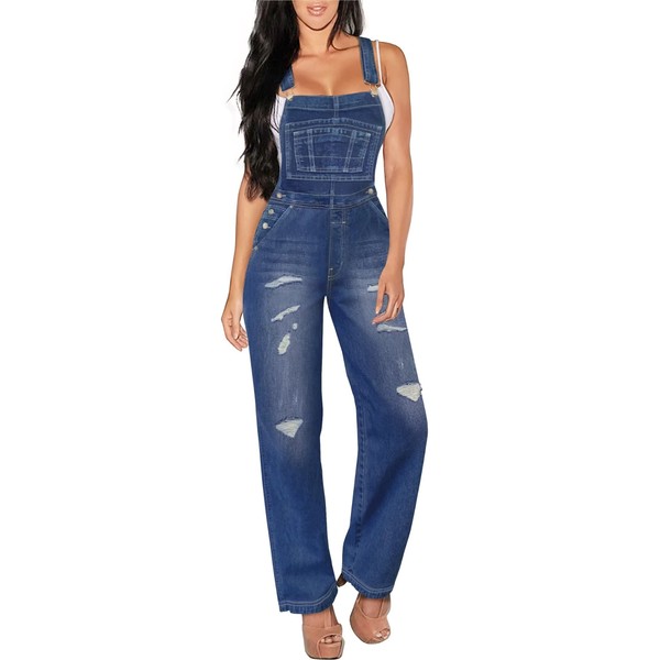 Hybrid & Company Womens Casual Destructed Adjustable Denim Jumpsuit Stretch