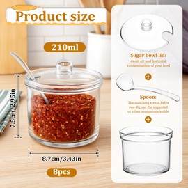 JJUNW 8 Pieces Clear Acrylic Sugar Bowl, 7.1 oz Seasoning Box, Condiment Pots with Spoon and Lid, Sugar Spice Salt Canister for Home Kitchen, Coffee Bar, Restaurant