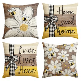 AVOIN colorlife Home Sweet Home Bee Daisy Throw Pillow Covers, 20 x 20 Inch Love Lives Here Spring Summer Stripes Polka Dots Cushion Case for Sofa Couch Set of 4