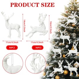 Geetery 12 Pcs Christmas Tree White Reindeer Ornaments Glitter Hanging Plastic Elk Figurine Ornament for Holiday Party Decoration Xmas Gift Decor Home Accessories, 5.5 x 4 Inches