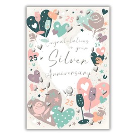 Silver Anniversary Card - 25th - 25 Years - Floral Love Heart Design - Special Finishes and Illustrated Insert Leaf - Made in the UK - Eco-Friendly