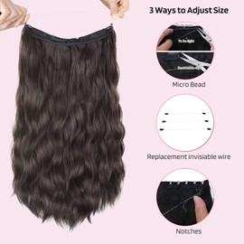 HOOJIH Invisible Wire Hair Extensions 2 Ways Adjustable Headband Size Curly Wavy Invisible Short Wire Hairpiece 12 Inch 90 Gram for Women -Dark Brown