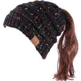 DURINM Women's Knitted Winter Hat Beanie Girls Cable Hole Winter Hat Knitted Hat for Ponytail Beanie Women's Hat Winter Hat Messy, black