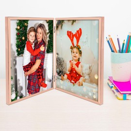 Golden State Art 8x10 Hinged Metal Frame - Floating Effect for 6x8 or Smaller Photos with Real Glass for Protection - Elegant Desk Decor for Home or Office - Rose Gold