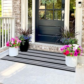 Bazasa Front Porch Rug 27.5"x43" Black and White Striped Outdoor Rug Door Mat Cotton Hand Woven Rug for Front Porch Decor Reversible Washable Welcome Layered Doormat for Entryway Kitchen Patio
