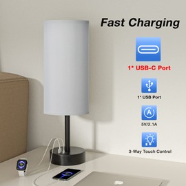 Grey Touch Nightstand Lamps for Girl - Small Bedside Lamp with USB-C and USB Charging Ports, 3 Way Dimmable Control Table Lamp for Living Room Office, Dorm, Reading with Fabric Shade Black Base