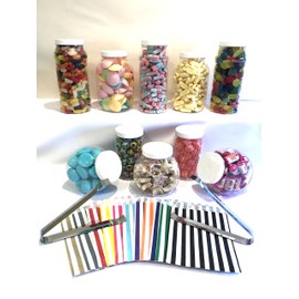 Truly Sweet Candy Assorted White Candy Buffet kit with 10 Plastic Sweet Jars, 2 Tongs and 100 Bags (Pink)