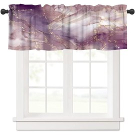 Pink Marble Window Valance Curtain, Purple Maroon Gold Veins Unique Ombre Abstract Modern Luxury Ink Texture Window Valances Treatments for Kitchen Living Room Café Décor 54'x18', 1 Panel