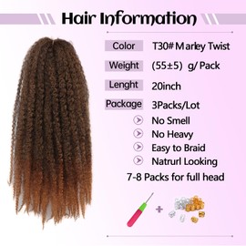 Auxemuen 20 Inch Marley Twist Braiding Hair 3Packs Senegalese Kinky Cuban Marley Twist Afro Kinky Curly Crochet Braids Synthetic Natural Hair Extensions for Women(T30)