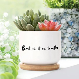 DecStic But is It A Truth Planters Ceramic Bible Verse Round Plant Pot with Drainage Holes and Bamboo Tray Pot for Indoor Outdoor Garden