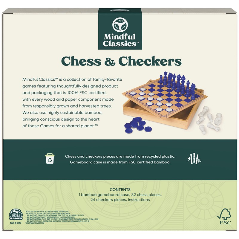 Mindful Classics, Chess Checkers Board Game Set with Bamboo Wooden