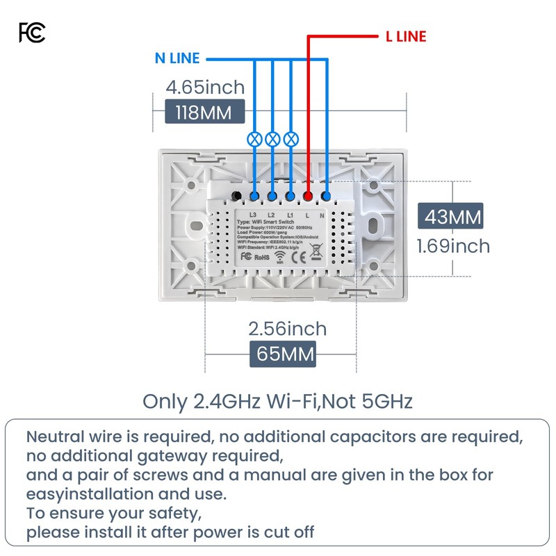 Smart Switch Need Neutral Wire Glass Panel,2.4GHz Wi-Fi Light Switch