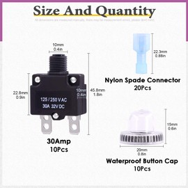 Swpeet 30Pcs 30Amp Thermal Circuit Breaker with Quick Connect Terminals and Waterproof Button Caps Assortment Kit,Waterproof Push Button Circuit Breaker 32V DC 125/250VAC 50/60Hz for Switch Operation