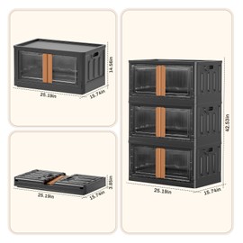 GCCSJ 76Qt Stackable Plastic Storage Boxes with Lids, Foldable Closet Organizers and Storage Containers with Wheels, Collapsible Storage Bins for Home Organization, 3 Pack Black