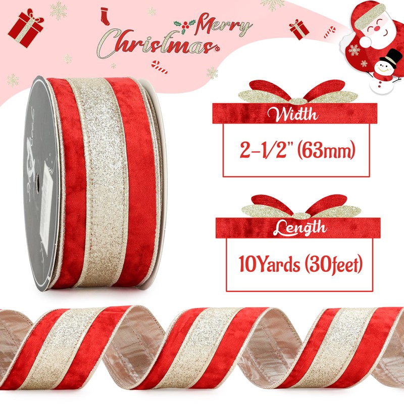 MAYREEL Red Crushed Velvet Ribbon Wired 2.5 Inch 10 Yards