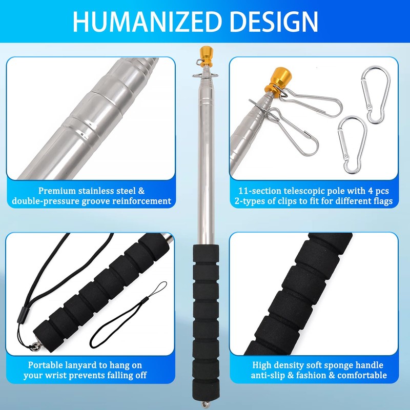 Portable Handheld Flag Pole with Clips Zip Ties,8.2Ft/2.5M Telescopic Handheld