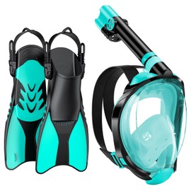 W WSTOO Mask Fins Snorkel Set,Snorkeling Gear for Adults,Full Face Snorkel Mask & Adjustable Swim Fins,Dry Top System Anti-Fog Anti-Leak