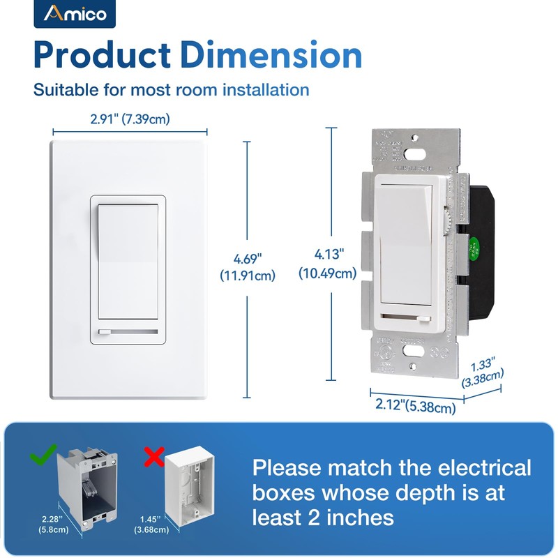 Amico 12 Pack Dimmer Light Switch, Single-Pole or 3-Way Slide
