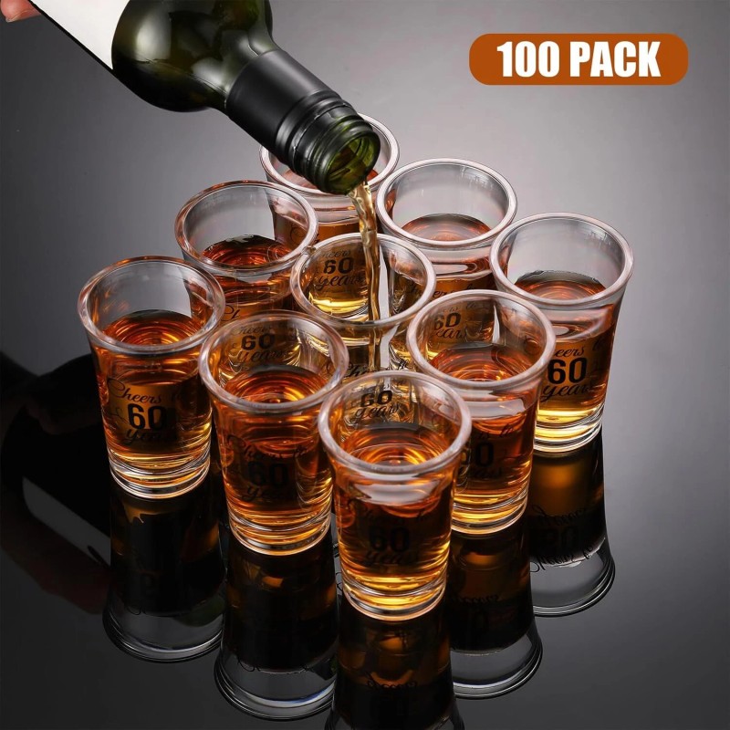 Hushee 100 Pcs 60th Birthday Shot Glasses Bulk, 1.4oz Cheers