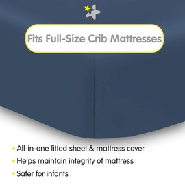 BreathableBaby Sábana bajera todo en uno y funda impermeable para colchones de cuna de 132 x 71 cm, paquete de 2 unidades, color azul marino, para bebés <12 meses