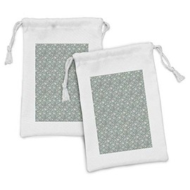 Ambesonne Chicken Fabric Pouch Set of 2, Doodle with Minimalist Stripes Dots Farm Countryside Abstract Print, Small Drawstring Bag for Toiletries Masks and Favors, 9" x 6", Almond Green and White
