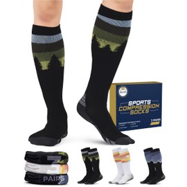 Pembrook Women & Men's Wide Calf Compression Socks - 3 Pairs - Fun Compression Socks for Women Travel | Athletic Compression Socks for Women | Men Compression Socks | Mountains, GrySun, Trees