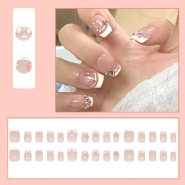BQZQPAMZ Pink Medium Square Fake Nails Glossy White French Tip Press Nails Reusable Stick on Nails Full Coverage Acrylic Nail Art Supplies for Women DIY Spring Manicure Gift