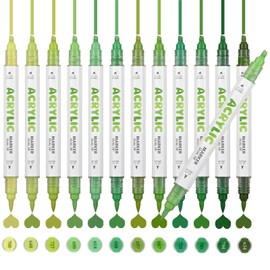 ZZWUAPT Green Dual Tip Acrylic Paint Markers,Acrylic Paint Pens For Rock Painting Wood Fabric Canvas Glass Plastic Art Painting Supplies Kit (1-5MM Brush Tip& Fine Tip)