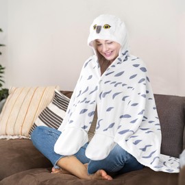Wearable Blanket Hoodie, Snowy Owl Hooded Blanket Cloak with Gloves, Super Soft Owl Gifts for Adults Kids Birthday Holiday (Owl - Thin)