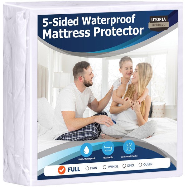 Utopia Bedding Waterproof 5-Sided Mattress Protector Full Size, Premium Breathable