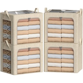 Clothes Storage Bins-Foldable Storage Organizer Bin with Metal Frame for Clothes Blanket Sweater Linen Fabric Storage Box with Opening Clear Window (Beige, 19.7"L x 15.7"W x 12.6"H(inch))