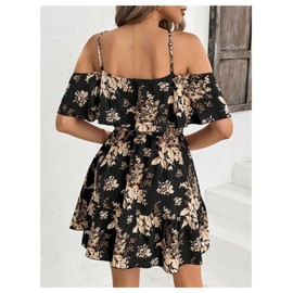 SOLY HUX Women's Boho Floral Print Cold Shoulder Dress Short Sleeve Ruffle A Line Vacation Elegant Mini Dresses Black Medium