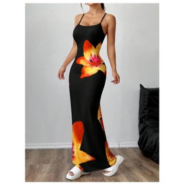 Milumia Women's Floral Cami Maxi Dress Summer Spaghetti Strap Slip Party Long Bodycon Fishtail Dress Black Small