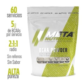 Meta Nutrition, BCAAS puros en polvo, BCAA Powder de Alta Pureza, 60 servicios, Aminoácidos de Cadena Ramificada, radio 2:1:, libre de rellenos, Libre