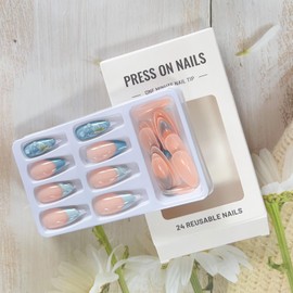 LPOODDNU Almond Press on Nails 3D Handmade Fake Nails with Flower Pearl Designs French Tip Acrylic Nails Almond Shape False Nails Very Cute Nails Medium Stick on Nails for Women Finger Manicure 24Pcs