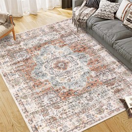 MilleLoom Washable Area Rug 8x10 Large Living Room Rug Medallion Washable Floral Carpet Vintage Bedroom Rug Distressed Oriental Non-Slip Non-Shedding Floor Carpet for Dining Room Farmhouse Home Office