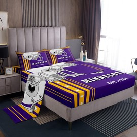 Erosebridal American Football City Sheet Set Football Gifts for Boys Kids Full Sheets, Sports Team Style Bed Sheets Set for Teen Girls Football Helmet Bedding Set, Purple Yellow White (Minnesota)